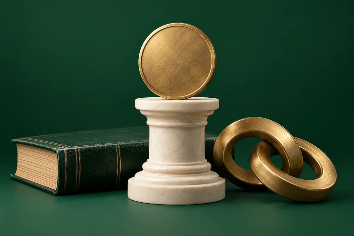 Moneda de latón lisa sobre un pedestal color marfil junto a un libro verde y anillos abstractos unidos.