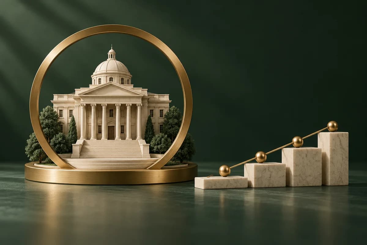 An ivory university building inside a brass accreditation ring with a separate stepped timeline.