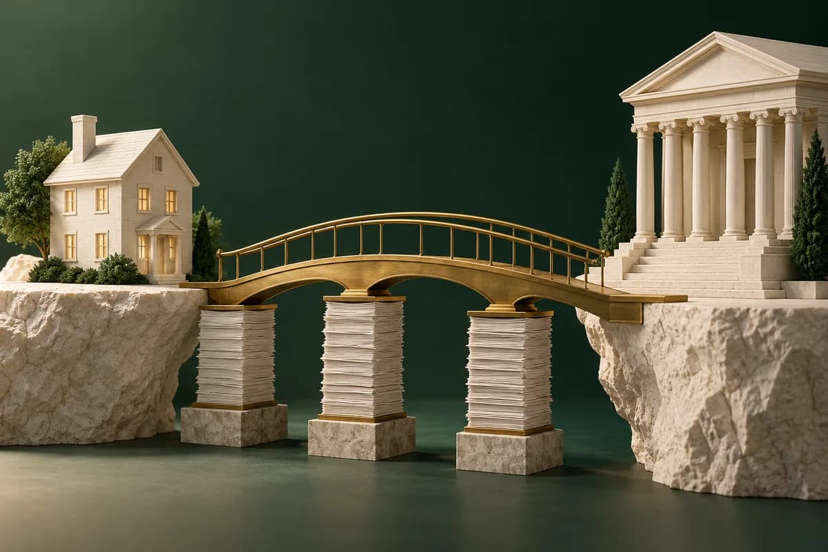A brass bridge between an ivory residence model and a courthouse supported by document-shaped pillars.